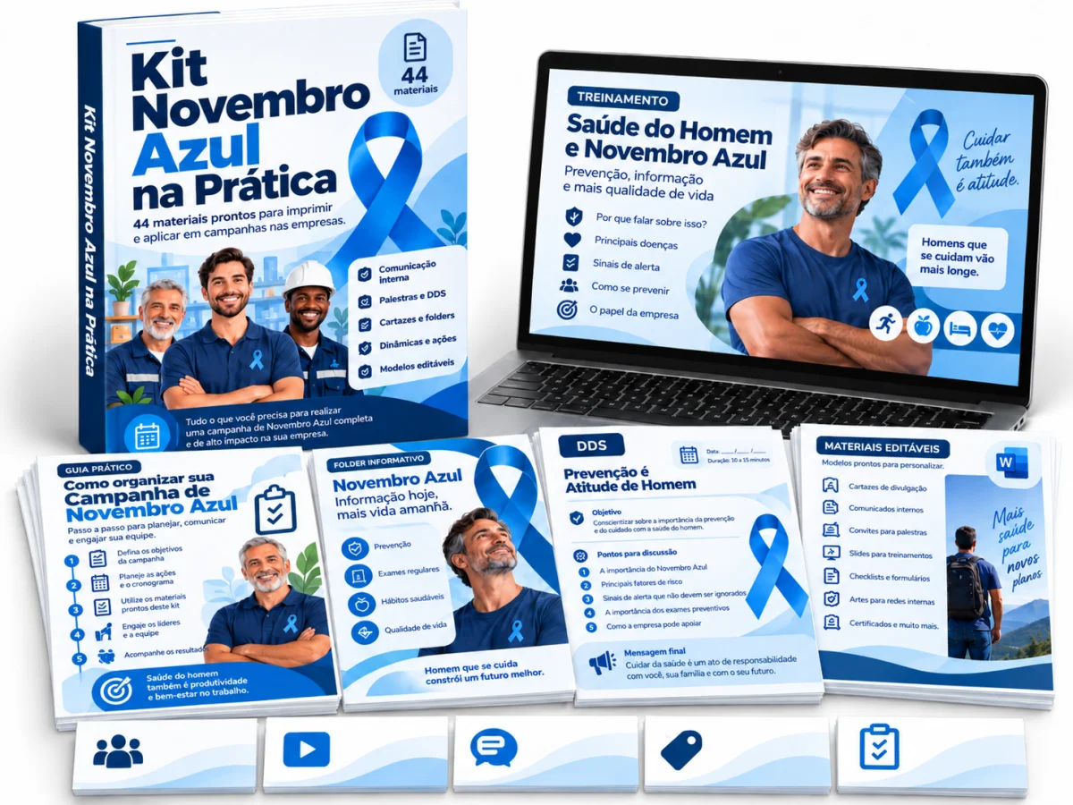 Mockup do Kit Novembro Azul na Prática com banners, folders, treinamento e DDS
